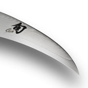 Shun | Classic Bird's Beak Paring, 2.5 inches, showcasing its ultra-thin, razor-sharp Damascus blade with Shun logo, perfect for decorative and precise cuts.