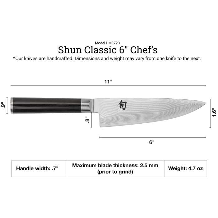 Shun | Classic Chef's Ebony, 6 inches: 8 Damascus-pattern blade, 11 overall length, ebony-finished Pakkawood handle, ideal for precise slicing and dicing, handcrafted in Japan.