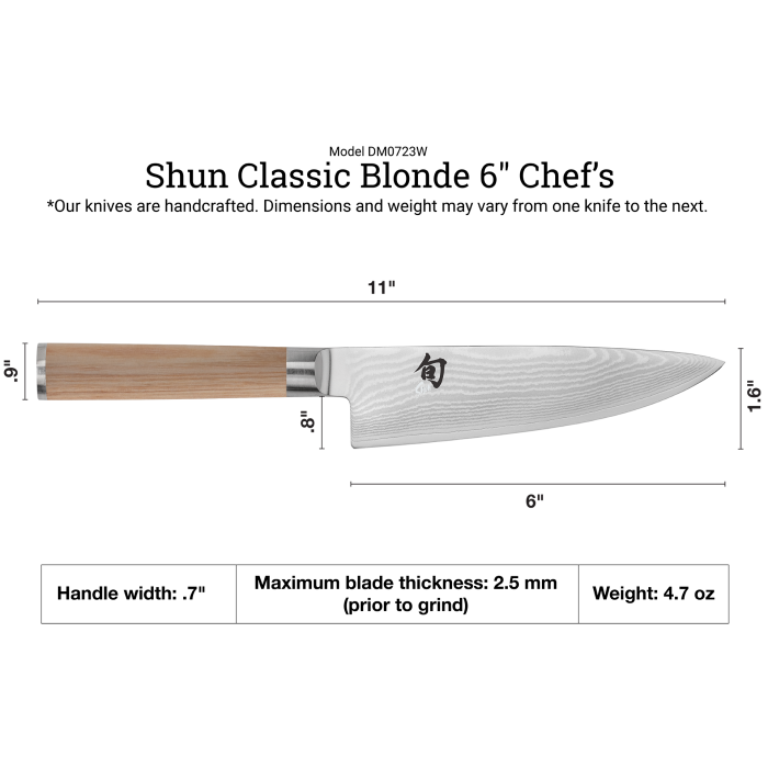 Shun | Classic Blonde Chef's Knife, 6 inches, features a Damascus-patterned blade and a light wood handle, showcasing precision craftsmanship and balance for versatile kitchen use.