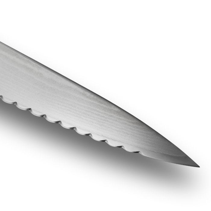 Serrated blade of the Shun Classic Offset Bread Knife, 8.25 inches, showcasing scalloped edge for precise, effortless slicing without crushing, ideal for crusty breads.
