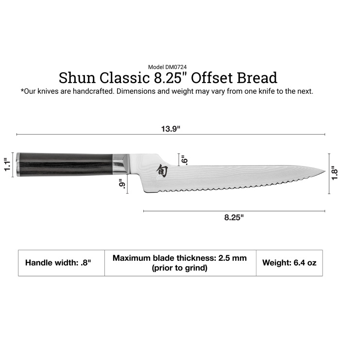 Shun | Classic Offset Bread Knife, 8.25 inches, features a serrated blade designed for crusty loaves, with ergonomic offset handle for knuckle clearance.