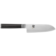 Shun Classic Knife Series - Santoku knife with Damascus-style blade and dark pakka wood handle, ideal for versatile slicing, dicing, and chopping tasks.