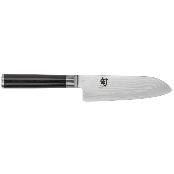 Shun Classic Knife Series - Santoku knife with Damascus-style blade and dark pakka wood handle, ideal for versatile slicing, dicing, and chopping tasks.