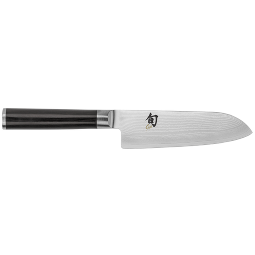 Shun Classic Knife Series - Santoku knife with Damascus-style blade and dark pakka wood handle, ideal for versatile slicing, dicing, and chopping tasks.