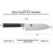 Shun | Classic Santoku Ebony, 5.5 inches, features a Damascus-style blade and ergonomic PakkaWood handle, ideal for precise, versatile kitchen tasks.