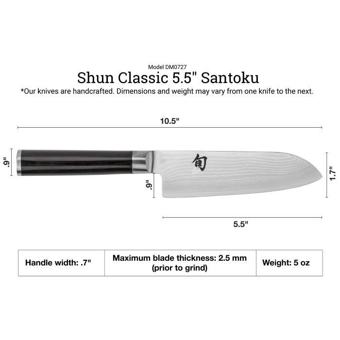Shun | Classic Santoku Ebony, 5.5 inches, features a Damascus-style blade and ergonomic PakkaWood handle, ideal for precise, versatile kitchen tasks.
