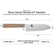 Shun | Classic Santoku Blonde, 5.5 inches: A Japanese-style chef's knife with a 5.5 Damascus-patterned blade and a blonde octagonal handle, ideal for versatile kitchen tasks.