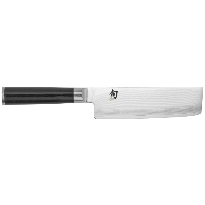 Shun Classic Knife Series nakiri-ba, a Japanese-style vegetable knife with a straight, rectangular blade and dark handle, ideal for precise vegetable slicing and chopping.