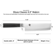 Shun | Classic Nakiri Ebony, 6.5 inches knife, featuring a Damascus-style blade and D-shaped pakkawood handle, ideal for precise vegetable cutting.