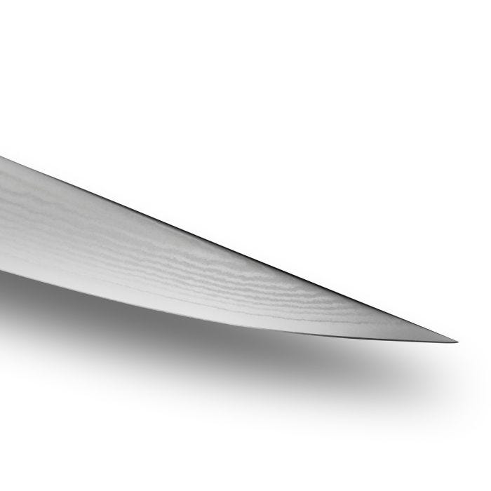 Shun | Classic Boning & Fillet, 6 inches: Close-up of the Damascus-patterned blade tip, showcasing its sharp edge designed for precise meat and fish preparation.