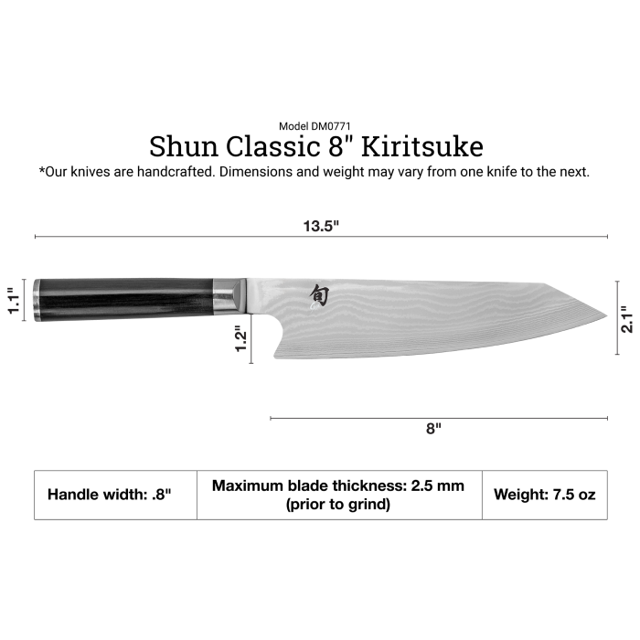 Shun Classic Kiritsuke, 8 inches, features a Damascus-style blade and octagonal handle, ideal for versatile slicing and cutting, embodying Japanese craftsmanship.