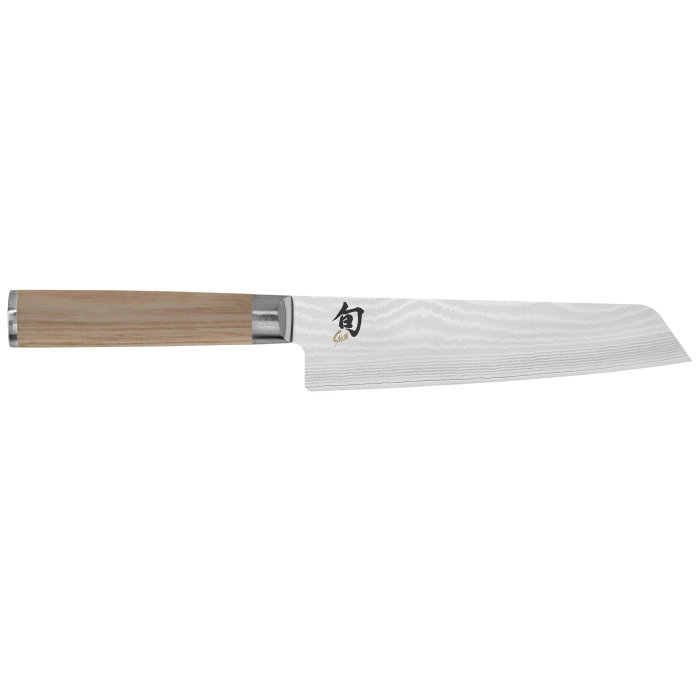 Shun Classic Knife Series nakiri knife with a Damascus-pattern blade and natural wood handle, ideal for precise vegetable cutting. Featured at Athens Cooks.