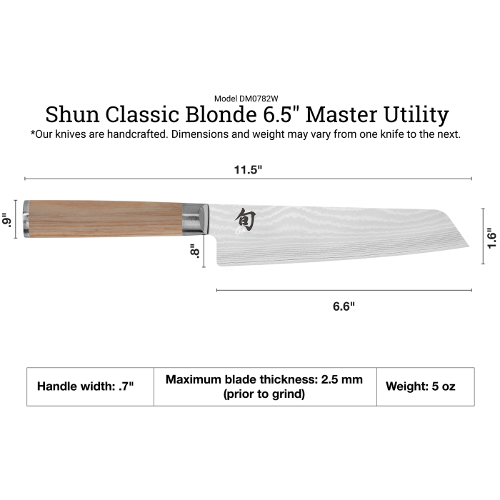 Shun | Classic Blonde Master Utility, 6.5 Santoku knife with a D-shaped octagonal handle and curved blade, ideal for versatile kitchen tasks.