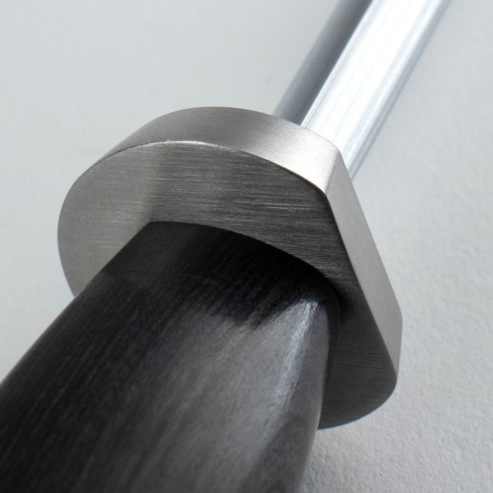 Close-up of Shun Satin Steel Combination Honing Steel hilt, showcasing the metal guard and wood-grained handle, ideal for precise knife edge maintenance.
