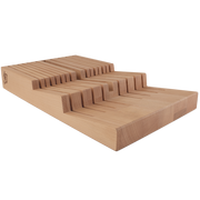 Shun | In-Drawer Knife Trays - 15 Slot: A beechwood knife storage block with parallel slots, designed for organizing up to 14 knives and honing steel in a drawer.