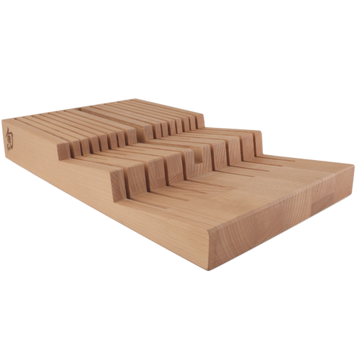 Shun | In-Drawer Knife Trays - 15 Slot: A beechwood knife storage block with parallel slots, designed for organizing up to 14 knives and honing steel in a drawer.