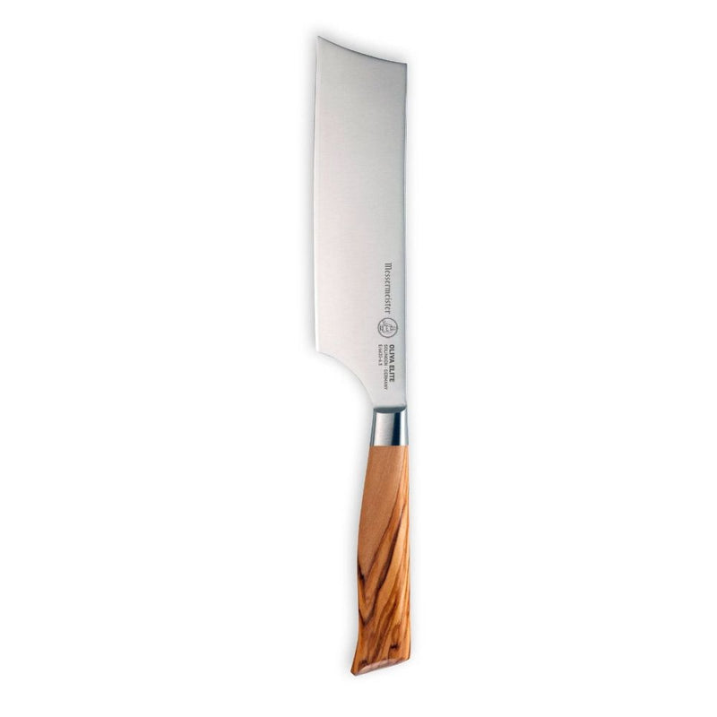 Messermeister Oliva Elite Nakiri 6.5 Inch Knife with wide stainless-steel blade and smooth wooden handle, ideal for precision vegetable cutting and kitchen mastery.