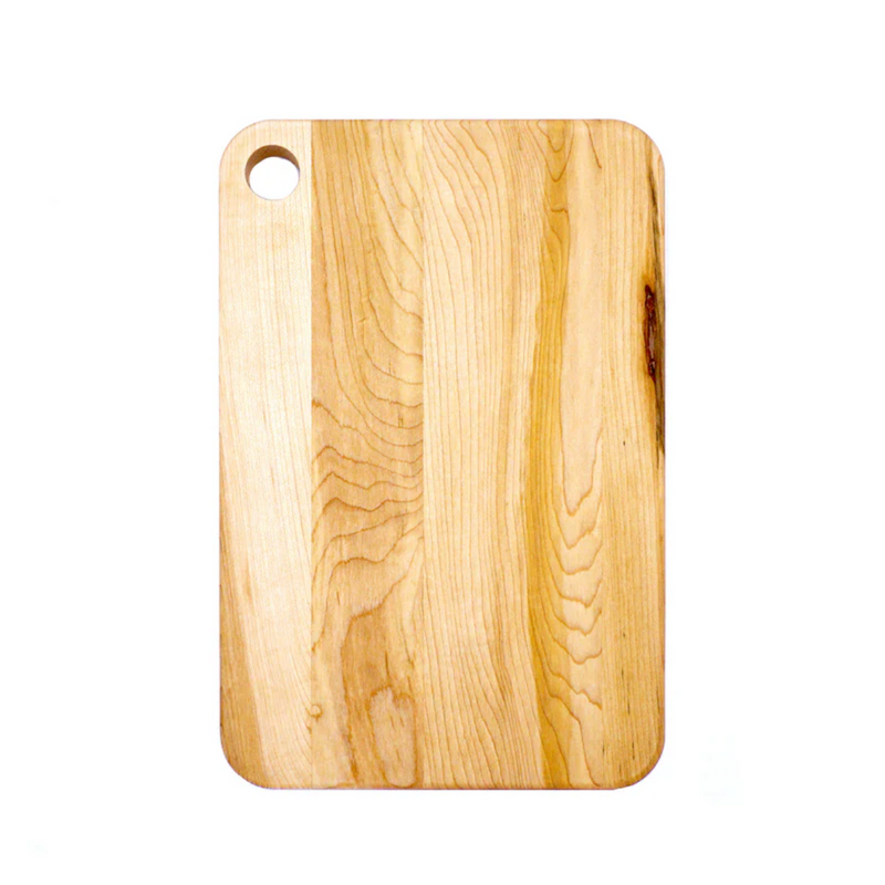 J.K. Adams Small Maple Prep Cutting Board, featuring a wooden design with a convenient hole for hanging, ideal for kitchen prep tasks at Athens Cooks.