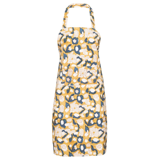 Couleur Nature - Forest Harvest Mustard & Blue Apron features an abstract floral pattern, halter neck strap, and large front pocket, hand-printed for artisan quality.