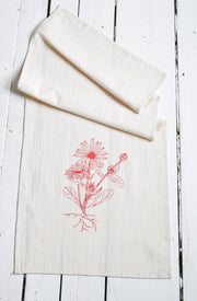 Hearth and Harrow - Organic Cotton Calendula Tea Towel in Red, featuring a red floral design, perfect for kitchen use and fine dining.