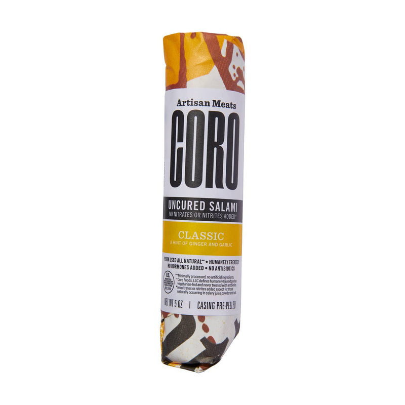 Coro Foods - Classic - Uncured Piccolo, a 5 oz roll of artisan salami, vacuum-sealed, highlighting ginger and garlic flavors, made from all-natural, ethically sourced pork.