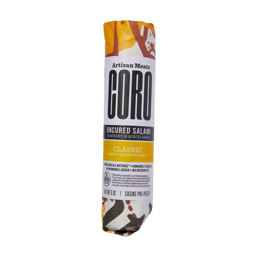 Coro Foods - Classic - Uncured Piccolo, a 5 oz roll of artisan salami, vacuum-sealed, highlighting ginger and garlic flavors, made from all-natural, ethically sourced pork.