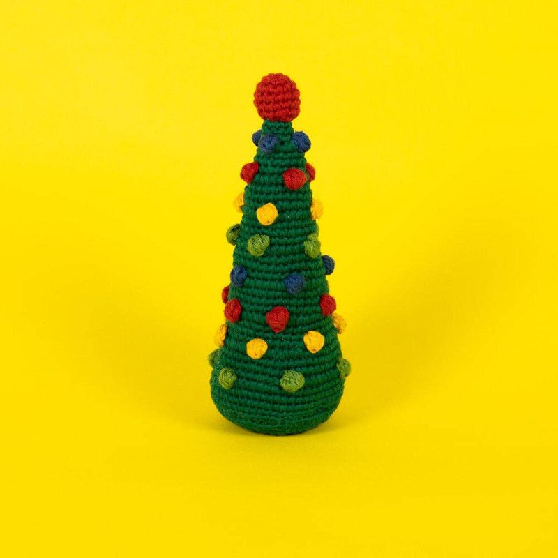 Ware of the Dog - Pom Pom Tree: A handcrafted, 8-inch crocheted Christmas tree with colorful pom-pom ornaments, made from fair-trade, 100% cotton with natural dyes.
