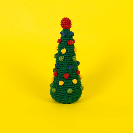 Ware of the Dog - Pom Pom Tree: A handcrafted, 8-inch crocheted Christmas tree with colorful pom-pom ornaments, made from fair-trade, 100% cotton with natural dyes.