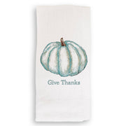 French Graffiti - Blue Pumpkin: Natural Guest Towel features a teal pumpkin illustration with Give Thanks text, perfect for adding charm to your kitchen decor.