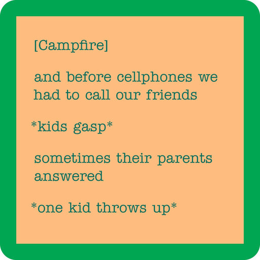 Drinks on Me - COASTER Campfire: Humorous 4x4 resin coaster with cork backing, perfect for adding a playful touch to home bars or kitchen decor.