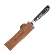 Messermeister - Leather Magnetic Edge-Guard - 6.5: Brown, showcasing a knife partially sheathed in premium leather, with magnetic closure for safe, stylish kitchen storage.