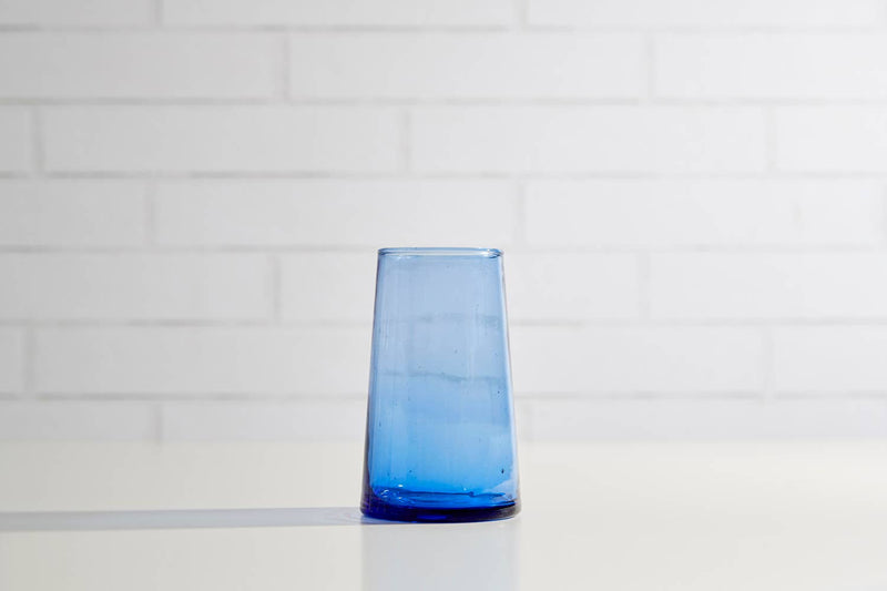 Set of 6 Moroccan Cone Glassware, hand-blown from recycled bottles, featuring organic forms and suspended bubbles, ideal for beverages or decorative vases.