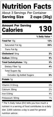 Poppy Hand Crafted Popcorn - Pimento Cheese: Features a nutrition label highlighting 130 calories per serving. Southern-inspired, cheesy, non-GMO snack from Athens Cooks.