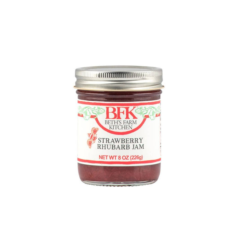 Beth's Farm Kitchen - Strawberry Rhubarb Jam: 8 oz jar featuring local strawberries and rhubarb. Perfect for toast or cheese pairing, vegan and gluten-free.