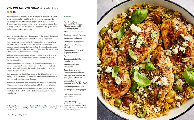 Cookbook spread from Skinnytaste High Protein featuring a One-Pot Lemony Orzo with Chicken & Feta recipe, highlighting the plated dish and ingredients.
