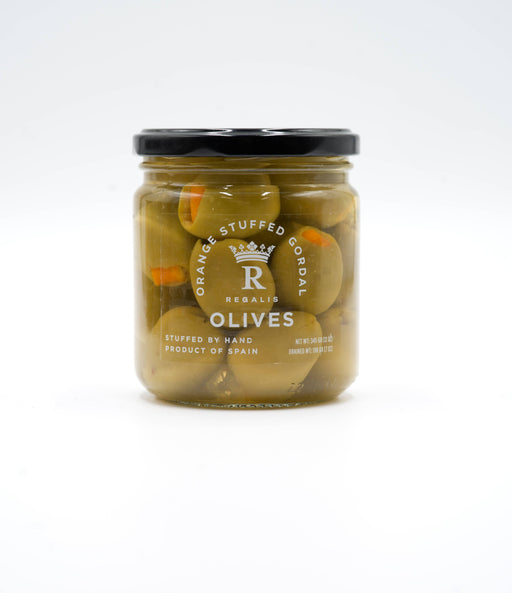 Regalis Foods - Regalis Pitted Gordal with Navelina Orange Peel, 345gr, glass jar showcasing hand-stuffed Spanish olives with orange pimento filling.