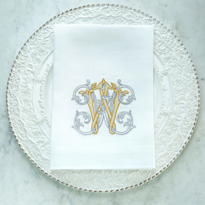 Crown Linen Designs | Vintage Vine Monogram Tri-Fold Napkin.