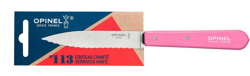 Opinel | Essential Birdsbeak Vegetable Knife with a pink handle, ideal for precise fruit and vegetable tasks, shown on its retail card.
