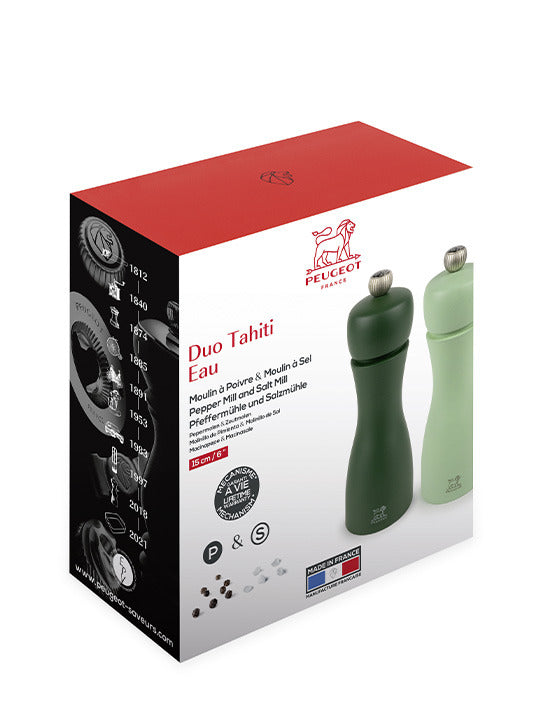 Peugeot | Tahiti Duo Salt + Pepper Mills, Water set featuring 15 cm green mills with adjustable grind settings, embodying natural elegance and crafted from sustainable wood.