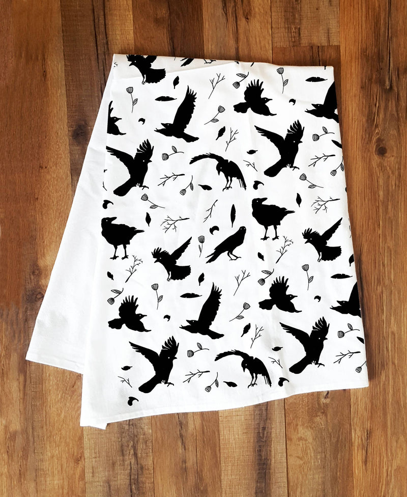 Hearth and Harrow | Organic Cotton Crow Tea Towel - Black - Raven Print - Bird