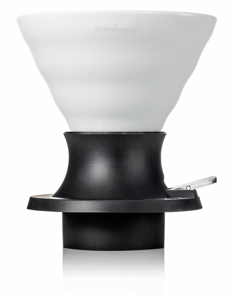 HARIO USA - HARIO Ceramic Immersion Dripper 02 SWITCH in white, with black holder, for precise pour-over and immersion coffee brewing.