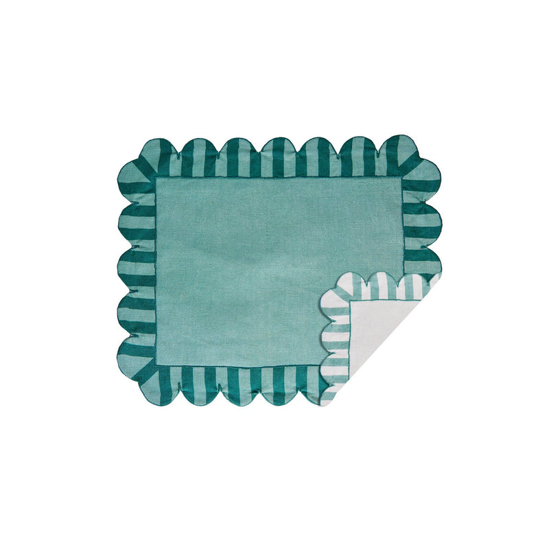 Misette | Jardin Embroidered Linen Scalloped Stripe Double-Sided Placemats in Green, Set of 4