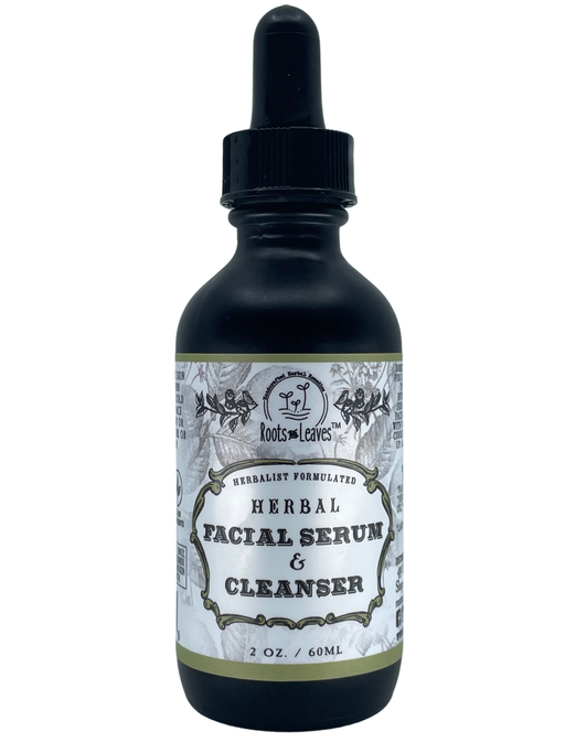 Roots And Leaves - Organic Facial Serum & Cleanser in a 2 oz dark-glass dropper bottle, featuring a herbal formulation for deep skin nourishment and rejuvenation.
