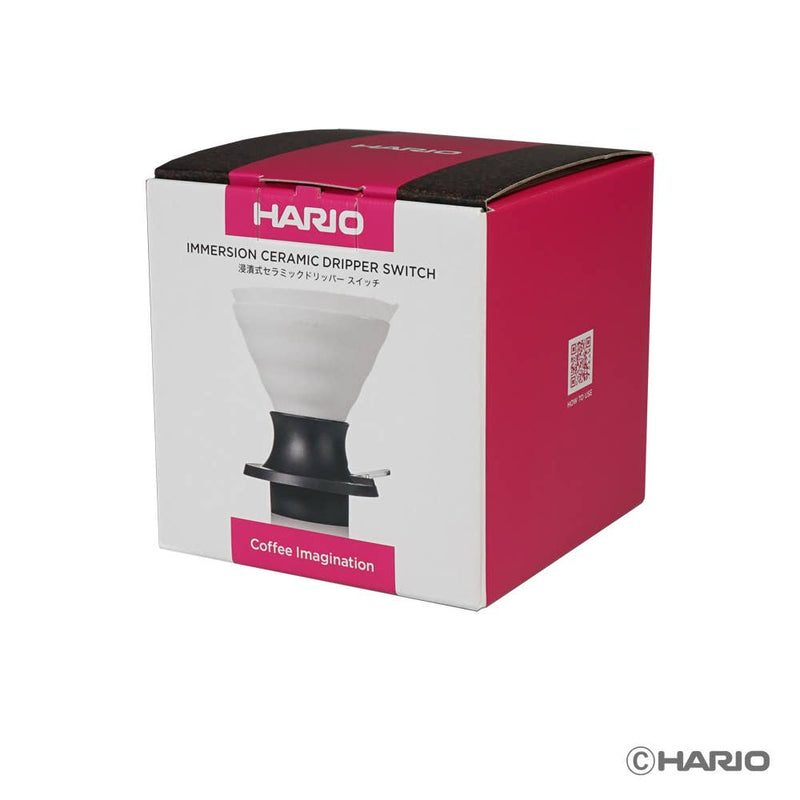 HARIO USA - HARIO Ceramic Immersion Dripper 02 SWITCH, a boxed ceramic coffee dripper with a switch for controlled brewing, ideal for precision and convenience in coffee-making.