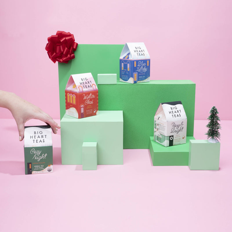 Big Heart Tea Co. - Rosy & Bright 10 ct Tea Bags displayed among mint-green blocks with a festive touch, showcasing its holiday-inspired blend.