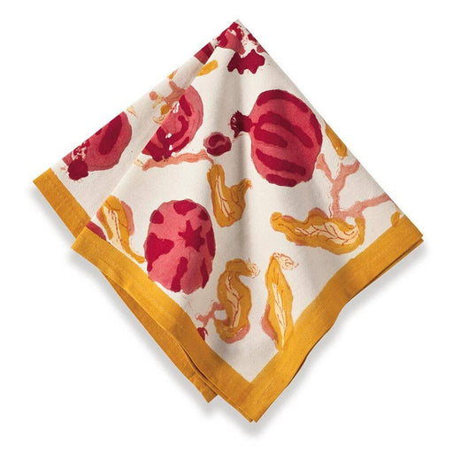 Couleur Nature - Pomegranate Yellow/Red Napkins: A set of 6 cloth napkins featuring red fruit and yellow gourd patterns, ideal for vibrant table settings.
