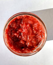 Beth's Farm Kitchen - 1/2 case Cranberry Horseradish Relish, top-down view of a jar filled with red, pulpy spread, perfect for enhancing meats and cheeses.
