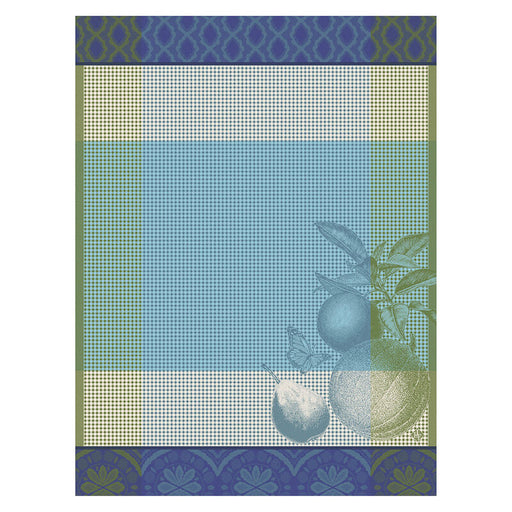 Le Jacquard Francais | Arriere-Pays Hand Towel features a blue-green halftone pattern with dark blue floral borders and vintage fruit sketches, embodying Provence-inspired elegance.