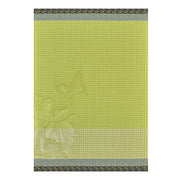 Le Jacquard Français | Jardin Des Papillons Hand Towel featuring a soft green grid pattern, floral illustrations, and slate blue borders with interlocking ovals.
