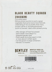 Bentley Seed Co. - Zucchini-Black Beauty Squash 1957 seed packet back detailing planting instructions, harvest time, and use in versatile recipes like brownies. Non-GMO, recycled packaging included.